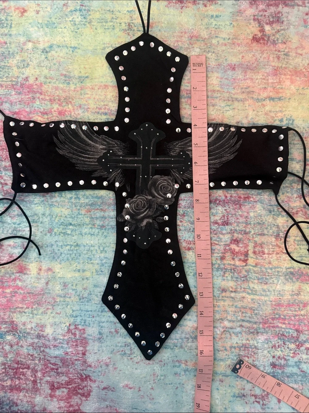 Fashion Nova Black Cross top with Silver Studs and Winged Rose Detail